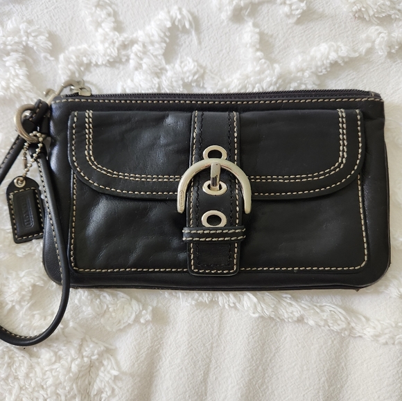 Coach Handbags - COACH Black w White Stitching Buckle Accent Wristlet Mini Purse.
